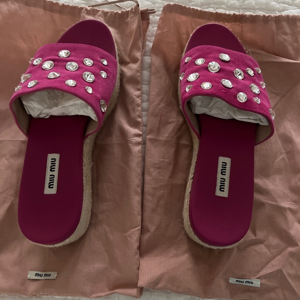 Miu Miu pink jeweled suede wedges